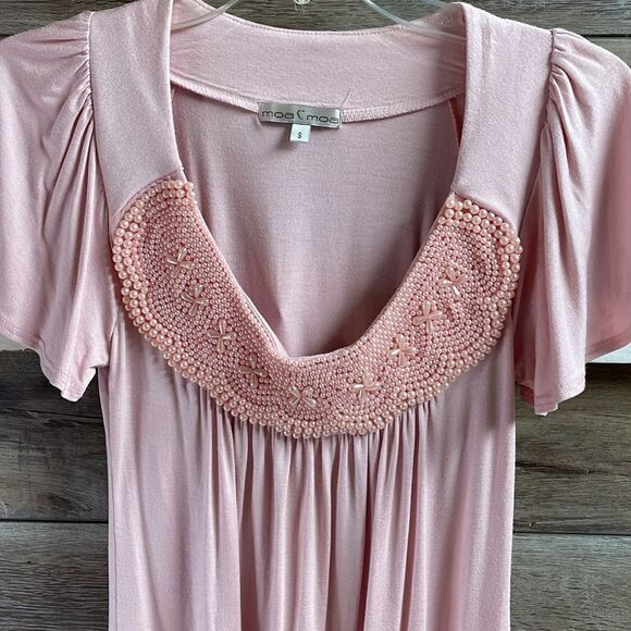 Moa Moa Ladies Pearl Neckline Top, Size Small, Pink with Faux Pink Pearl - Picture 3 of 6